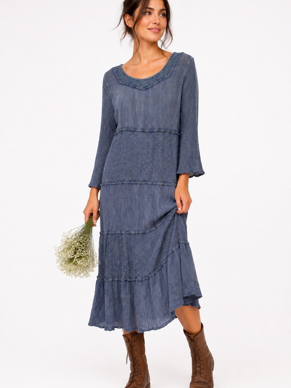 VTG Cottagecore Embroidered Beaded Rayon Midi Dress Boho Fairy Grunge M